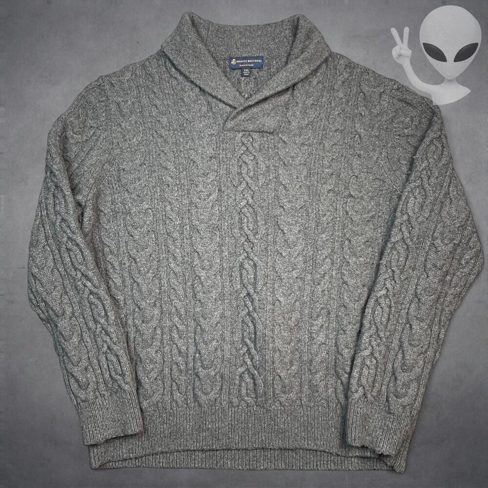 Brooks Brothers XXL Gray Merino Wool Cable Knit Shawl Neck Sweater Vintage 90s